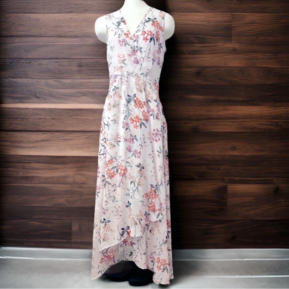 Calvin Klein pink floral sheer lined high-low maxi dress size 6 sleeveless zipup